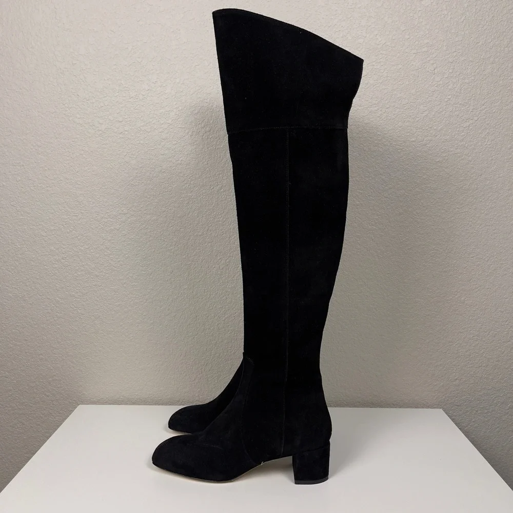 AEYDE Letizia Over the Knee‎ Boots Black Suede Square Toe Block Heel EU 37